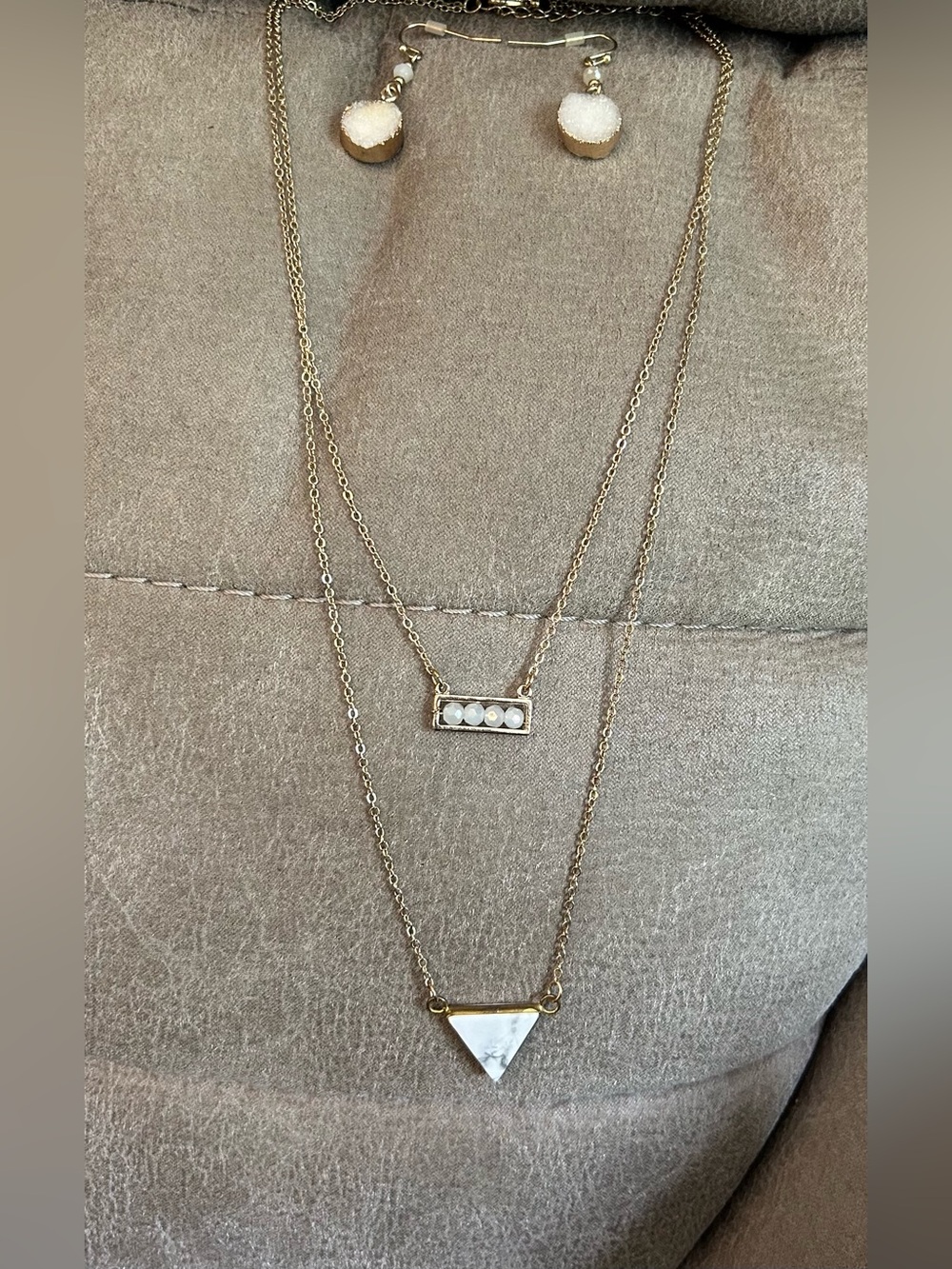 Gold-Tone Layered Necklace & Earrings Set with White Stone Accents